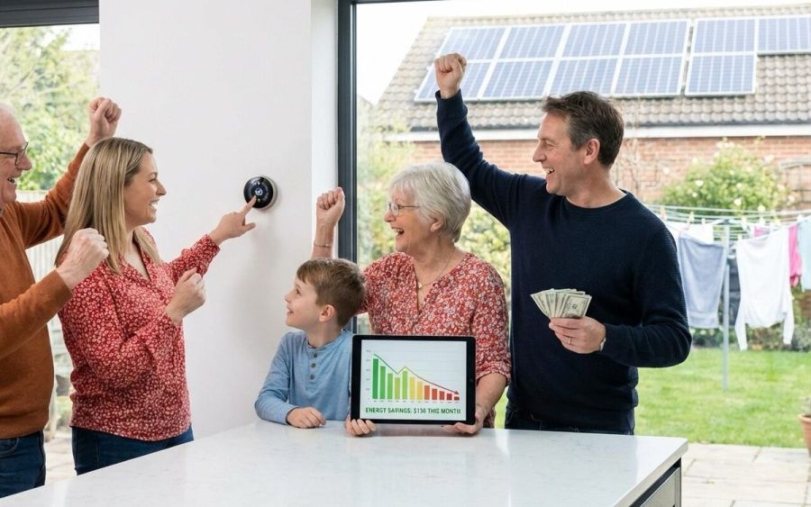 create an images that shows people saving money on energy bills